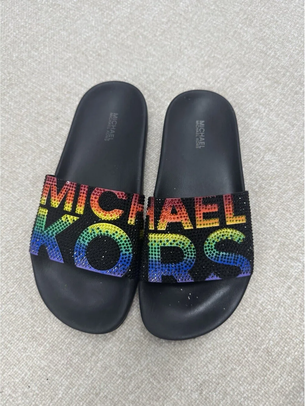 Michael Kors Rainbow Rhinestone Slide Sandals Logo Shoes Women’s Size 6M